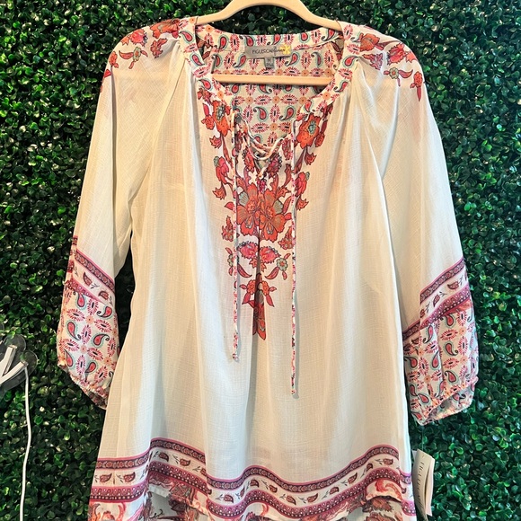 Figueroa Flower Blouse White Rayon/Polyester 3/4 Sleeve Boho Design White - Picture 2 of 8